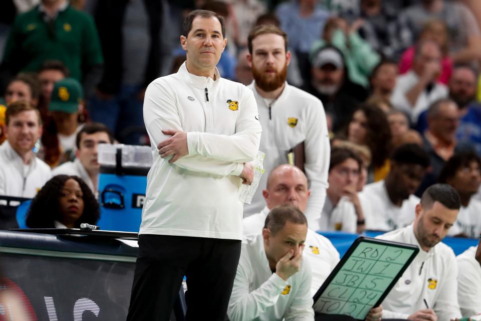 Baylor coach Scott Drew watches his team during its NCAA men's tournament second-round game against Clemson at FedExForum in Memphis, Tenn., on Sunday, March 24, 2024.