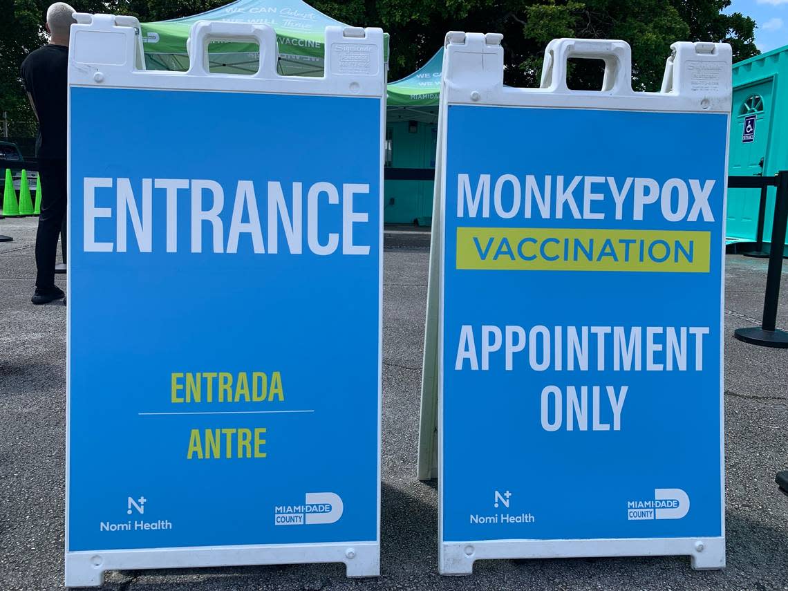 Signage at Tropical Park on the first day Miami-Dade began providing free monkeypox vaccines at two county sites via Nomi Health to at-risk patients who made appointments on Aug. 12, 2022.