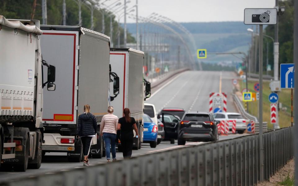 Mandatory Credit: Photo by MAXIM SHIPENKOV/EPA-EFE/Shutterstock (13982534o) Vehicles stand in traffic on the M-4 Don road in the Moscow region, Russia, 24 June 2023. Counter-terrorism measures were enforced in Moscow and other Russian regions after private military company (PMC) Wagner Group's chief claimed that his troops had occupied the building of the headquarters of the Southern Military District in Rostov-on-Don, demanding a meeting with Russia's defense chiefs. Counter-terrorism measures enforced in Moscow, Russian Federation - 24 Jun 2023