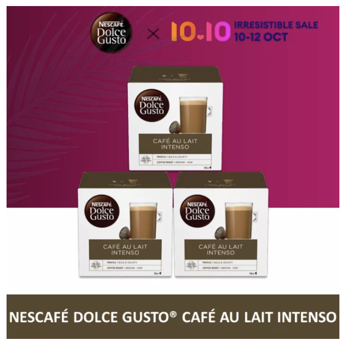 A product image of three boxes of Nescafe Dolce Gusto Cafe Au Lait Intenso Milk Coffee Pods.