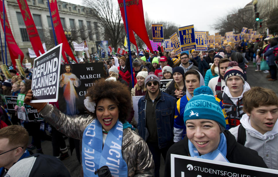 Anti-abortion activists march towards the U.S. Supreme Court, during the March for Life in Washington Friday, Jan. 18, 2019. (AP Photo/Jose Luis Magana)