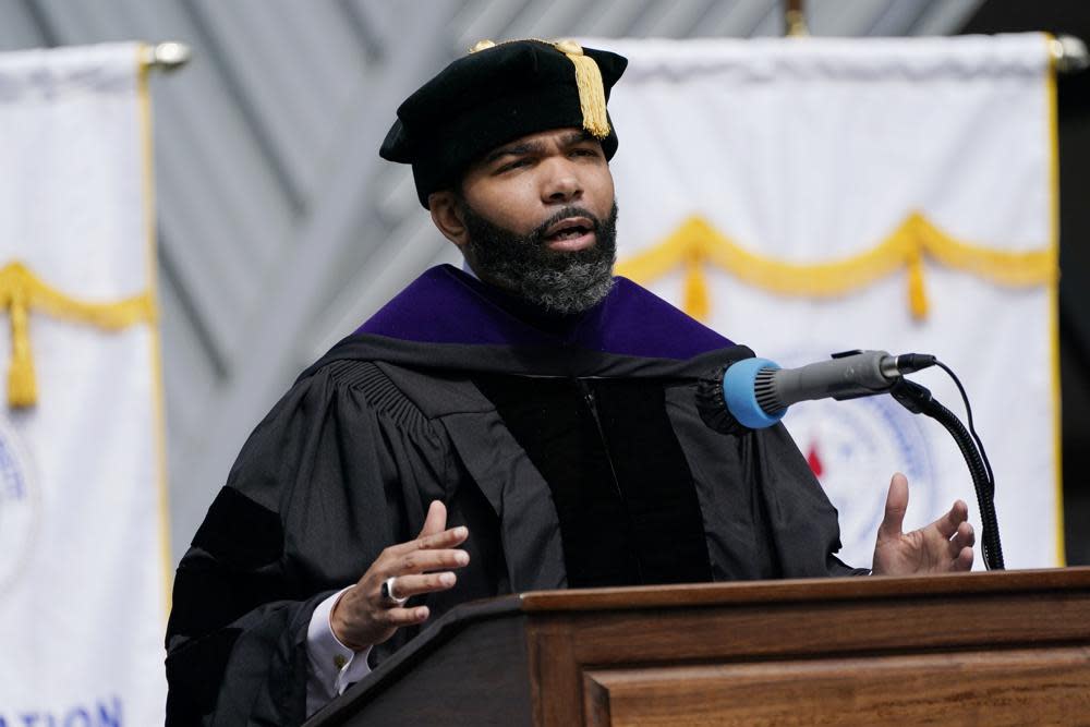 Jackson Mayor Chokwe Antar Lumumba issued an apology on behalf of the city to the families of those killed at Jackson State for the shootings 51 years ago by city and state police officers that killed two people and injured 12 others on the campus of the historically Black institution of higher learning, Saturday, May 15, 2021, in Jackson, Miss. The apology was issued during a special graduation ceremony on the campus, honoring the members of the Class of 1970, that had their graduation canceled because of the violent incident. (AP Photo/Rogelio V. Solis)