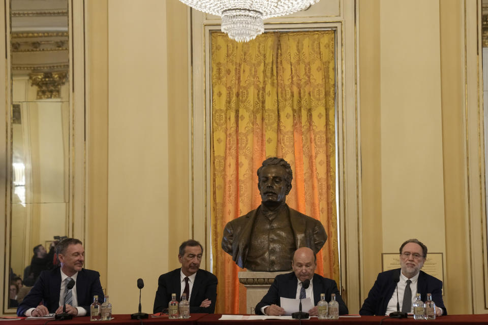 From left, La Scala ballet director Manuel Legris, Milan's mayor Giuseppe Sala, La Scala general manager Dominique Meyer and La Scala director Riccardo Chailly attend at a press conference to present the 2023/2024 season, at Milan's La Scala opera house, Italy, Monday, May 29, 2023. (AP Photo/Antonio Calanni)