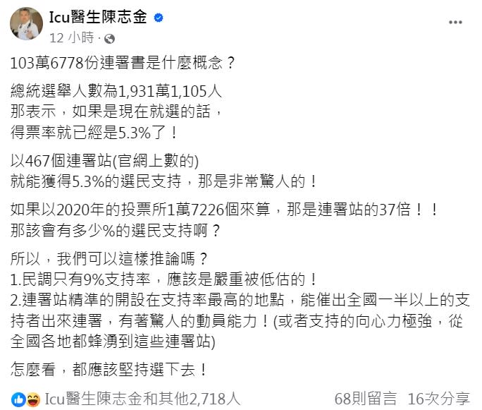 陳志金喊話郭台銘堅持選下去。（圖／翻攝自陳志金臉書）