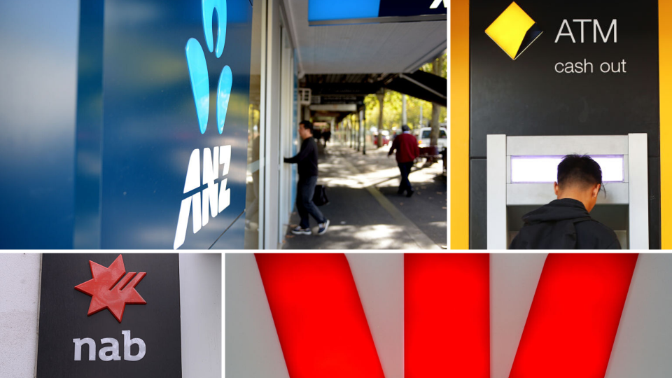 Pictured: Major banks ANZ, CBA, NAB, Westpac logos. Images: Getty