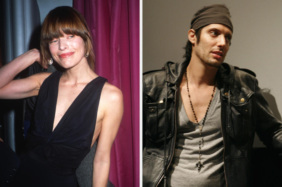 Two separate images: The first shows a woman posing with her hands on her head wearing a sleeveless black V-neck dress. The second photo is of a man wearing layered clothing and wearing a beanie hat.