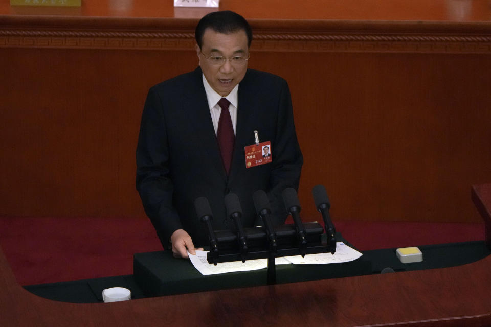 FILE - Chinese Premier Li Keqiang speaks during the opening session of China's National People's Congress (NPC) at the Great Hall of the People in Beijing on March 5, 2023. (AP Photo/Ng Han Guan, File)