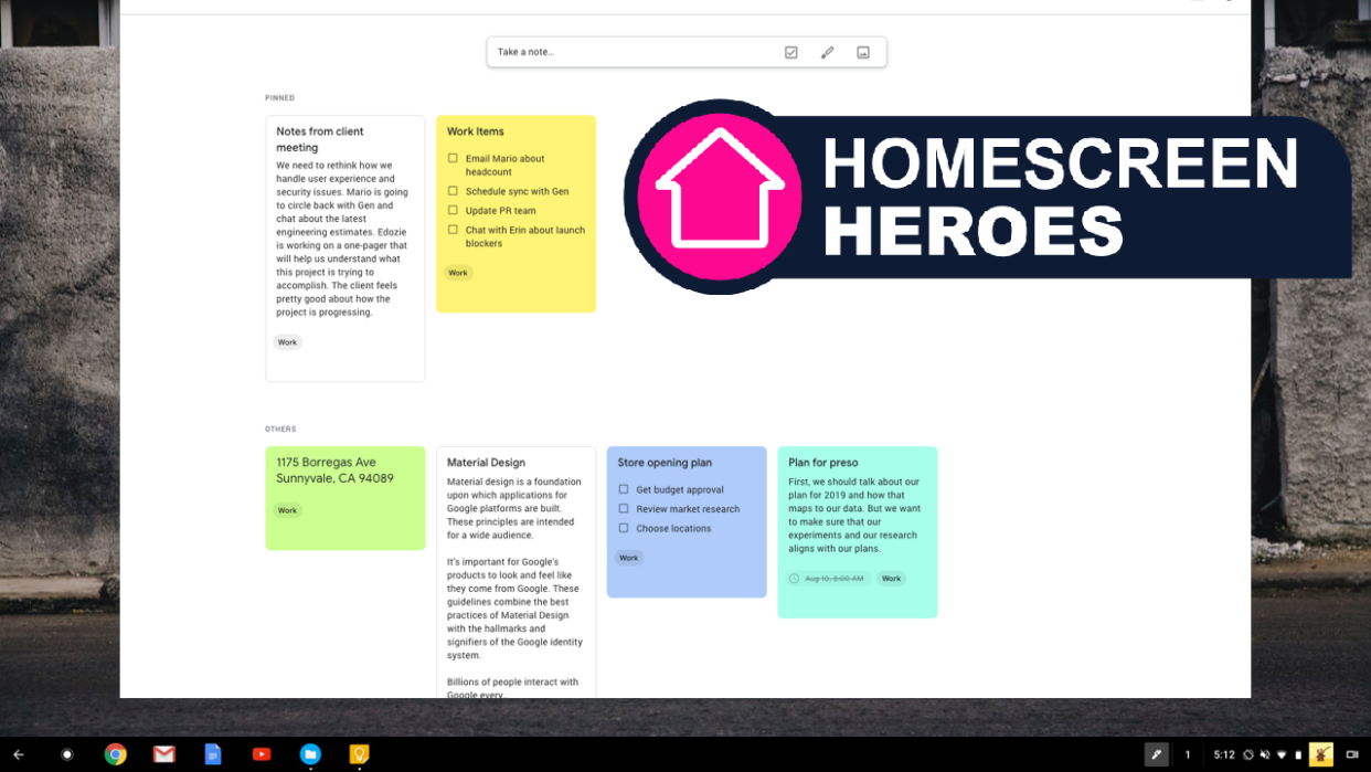  A header image showing a screenshot of Google Keep with the Homescreen Heroes logo. 