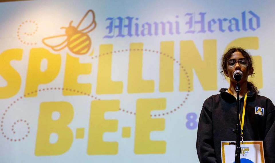 Anvita Narasimhan from American Heritage School spells a word during the 8th round of the Miami Herald Broward County Spelling Bee at NSU Art Museum in Fort Lauderdale, Florida on Thursday, March 7, 2024. D.A. Varela/dvarela@miamiherald.com