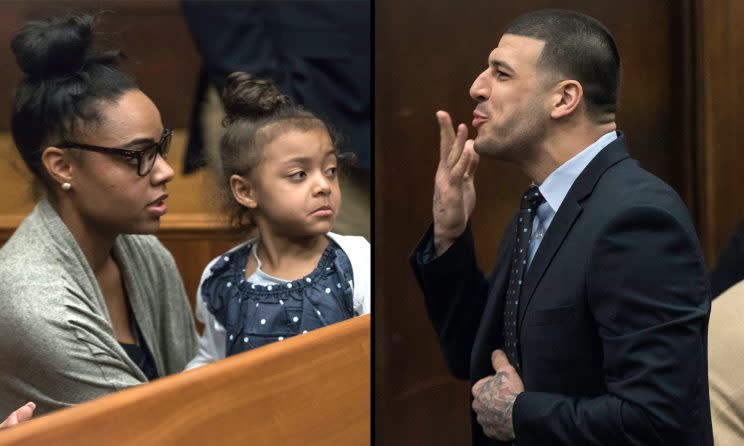 Aaron Hernandez blows his daughter a kiss in court on Wednesday. (AP)