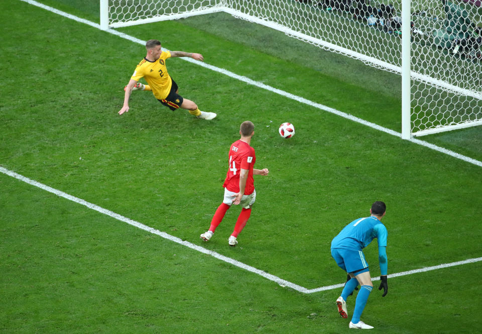 <p>Belgium’s Toby Alderweireld clears the ball off the line after a shot from England’s Eric Dier (REUTERS/Michael Dalder) </p>