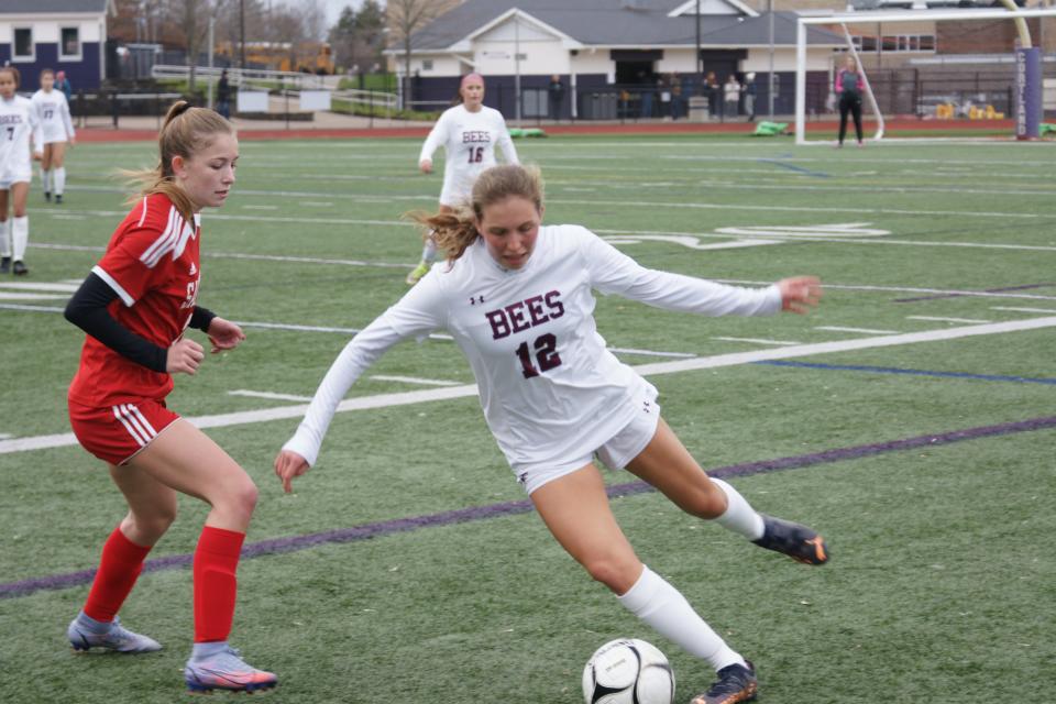 Byron-Bergen Junior Victoria Rogoyski dribbles the ball in the New York State Girls Soccer Class C Semifinal vs Section III Sauquoit Valley. The Indians defeated the Bees 2-1 on November 12, 2022, in Cortland, NY.