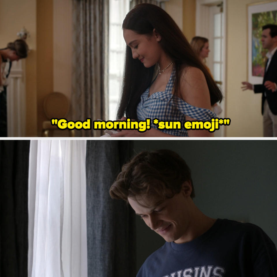 Belly texting "Good morning" with a sun emoji, and Conrad smiling