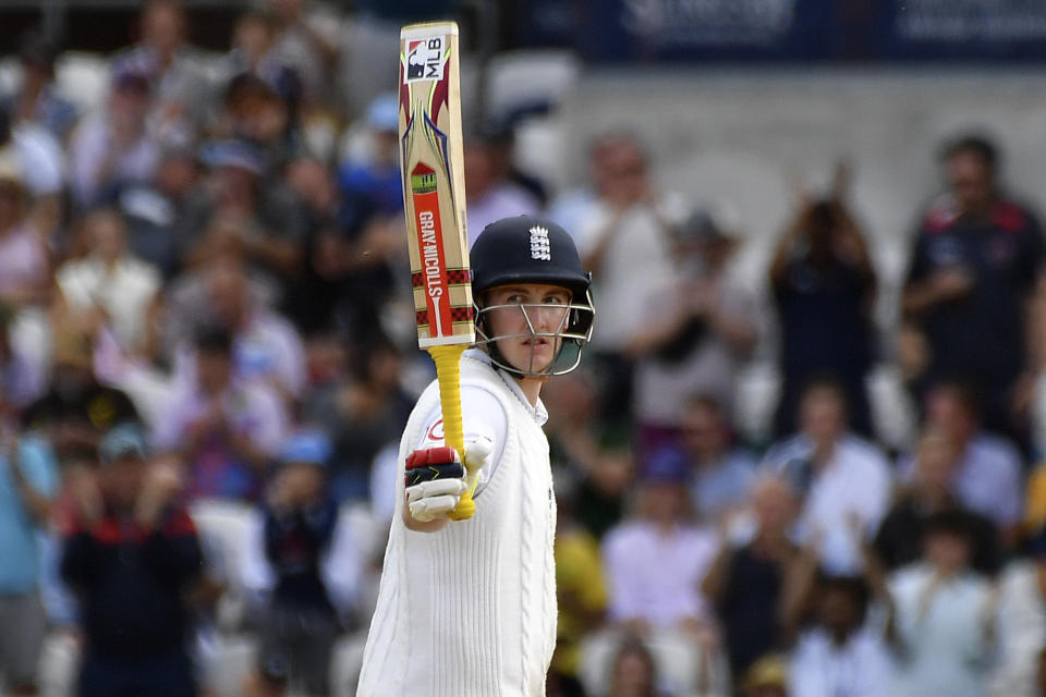 England's Harry Brook celebrates a century during the fourth day of the third Ashes Test match between England and Australia at Headingley, Leeds, England, Sunday, July 9, 2023. (AP Photo/Rui Vieira)