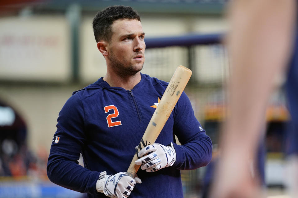 HOUSTON, TX - OCTOBER 30: Alex Bregman #2 of the Houston Astros looks on during batting practice prior to Game 7 of the 2019 World Series between the Washington Nationals and the Houston Astros at Minute Maid Park on Wednesday, October 30, 2019 in Houston, Texas. (Photo by Cooper Neill/MLB Photos via Getty Images)