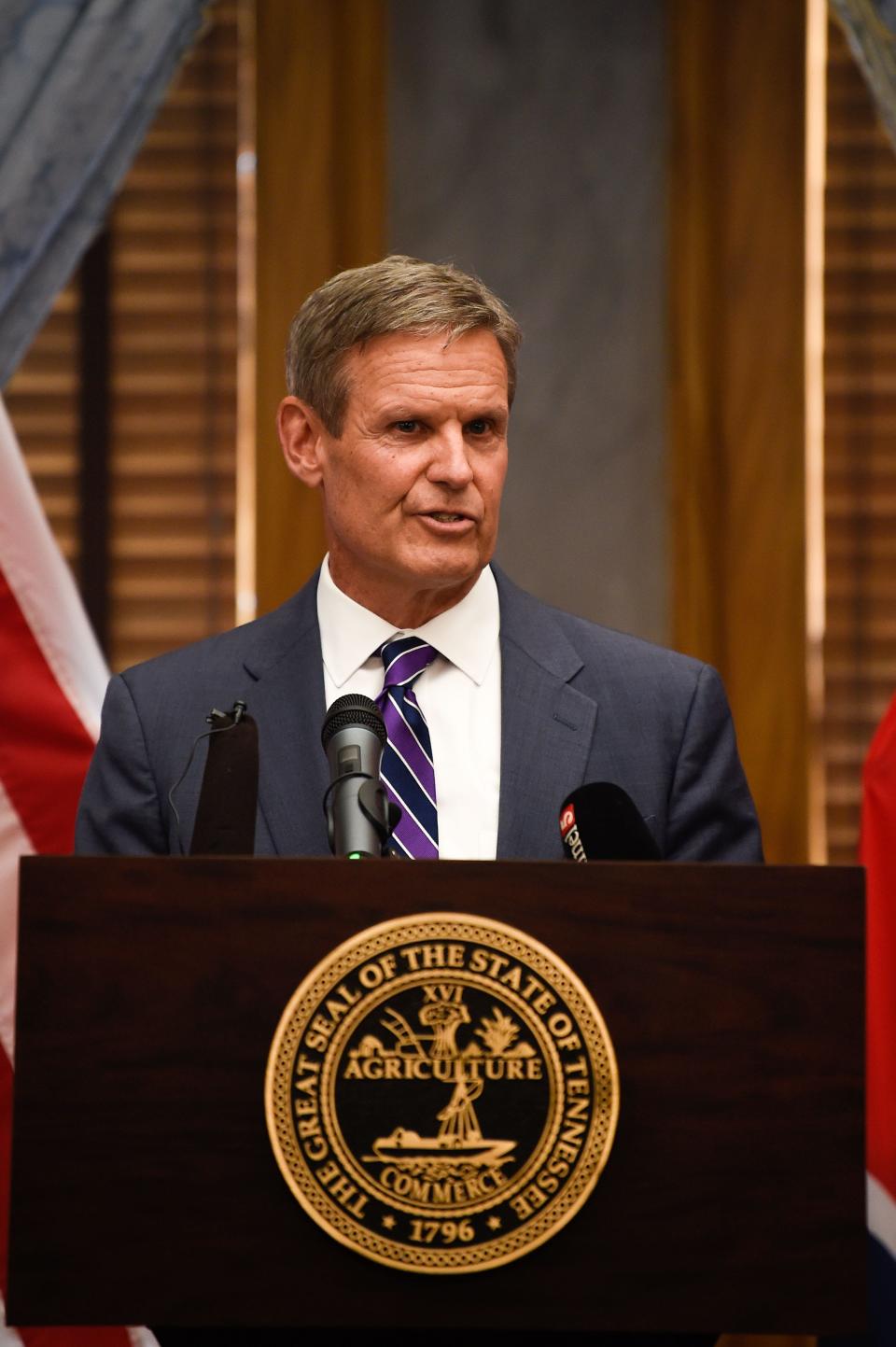 Gov. Bill Lee pictured during a news conference at the Tennessee State Capitol in Nashville, Tenn. on Aug. 16, 2021. The 2019 Education Savings Account Act was the centerpiece of Lee's 2019 legislative agenda.