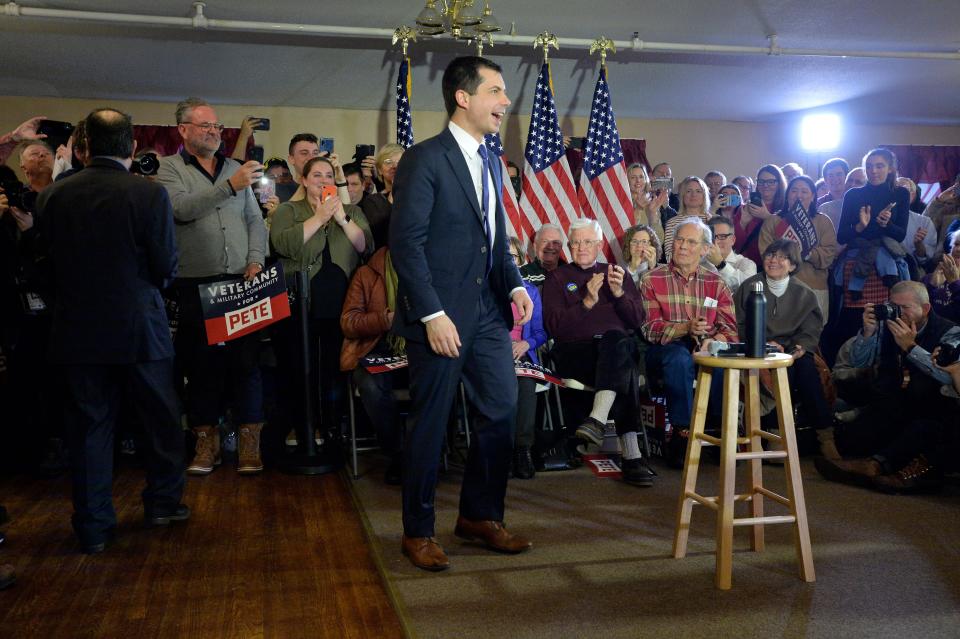Pete Buttigieg speaks to veterans and members of the public at a town hall event at the American Legion Post 98 in Merrimack, New Hampshire, on Feb. 6, 2020.&nbsp; (Photo: JOSEPH PREZIOSO via Getty Images)