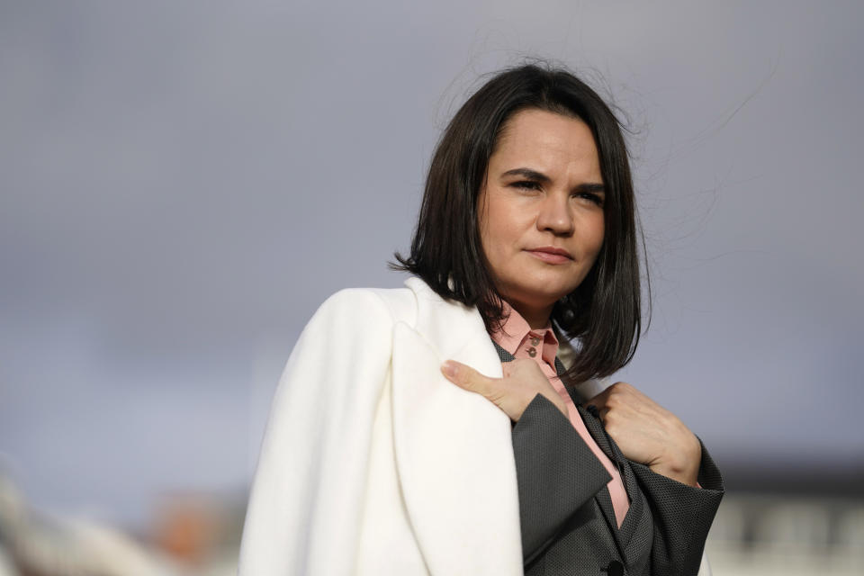 Belarusian opposition politician Svetlana Tsikhanouskaya is photographed prior to a meeting with Denmark's Foreign Minister Jeppe Kofod in Copenhagen, Friday, Oct. 23, 2020. Tikhanovskaja is in Denmark to receive the Politiken's Freedom Prize. (Emil Helms /Ritzau Scanpix 2020 via AP)