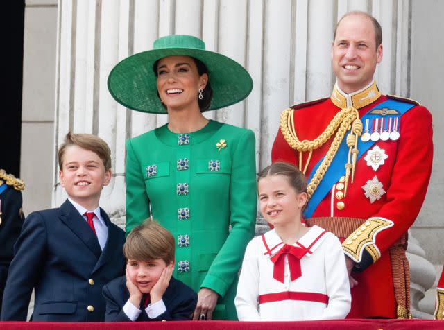 <p>Samir Hussein/WireImage</p> The Wales family on the balcony of Buckingham Palace during Trooping the Colour in June 2023.