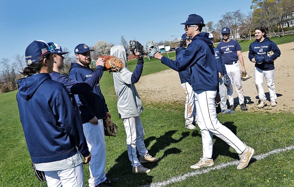 The Quincy College baseball team "Granites" practice off Pond Street , Quincy on Friday April 26, 2024