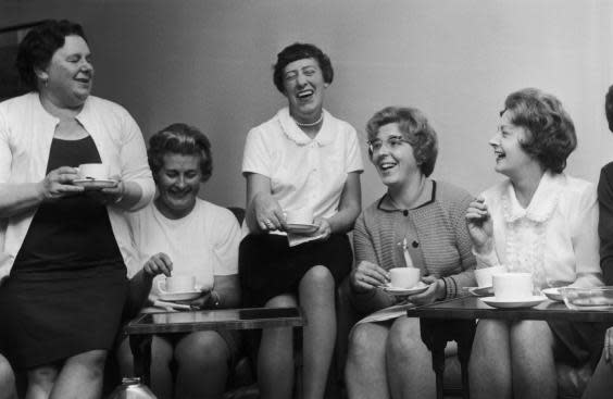 Barbara Castle, Secretary of State for Employment and Productivity, shares a cup of tea with the leaders of the female machinists’ strike from the Ford plant in Dagenham, at the Ministry, 28th June 1968 (Photo by Wesley/Keystone/Getty Images)