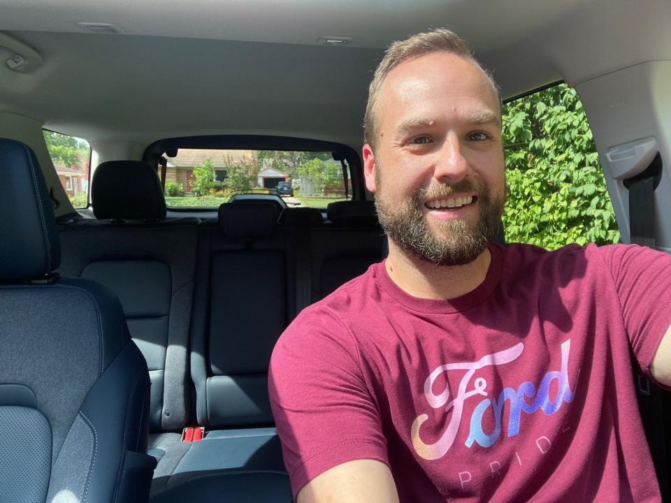 Eric Mutrynowski, seen here September 21, 2021, is a member of the Ford Pride employee resource group who helped coordinate efforts to spotlight the Ford Bronco in Pride parades in Memphis, Tennessee and Detroit in June 2022.