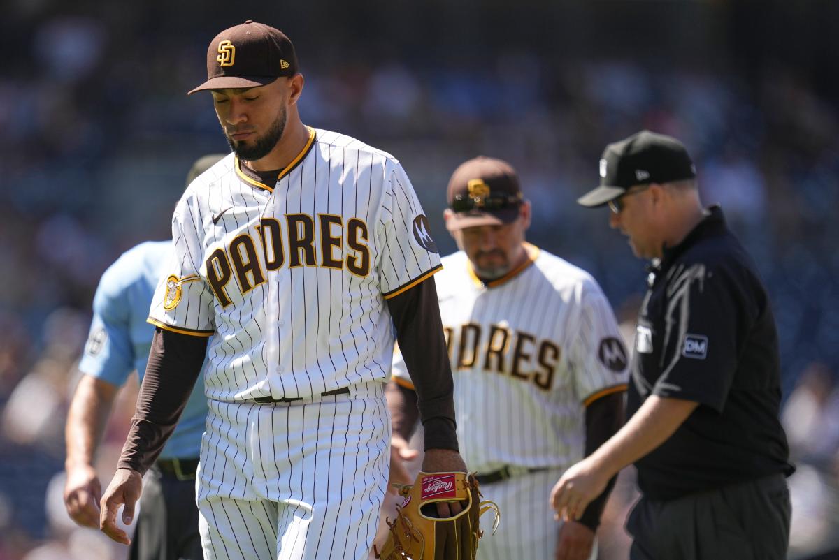 Padres' Nola exits game after taking pitch to face