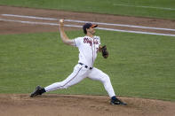 Virginia pitcher Griff McGarry (25) throws a pitch against Mississippi State in the sixth inning during a baseball game in the College World Series Tuesday, June 22, 2021, at TD Ameritrade Park in Omaha, Neb. (AP Photo/John Peterson)