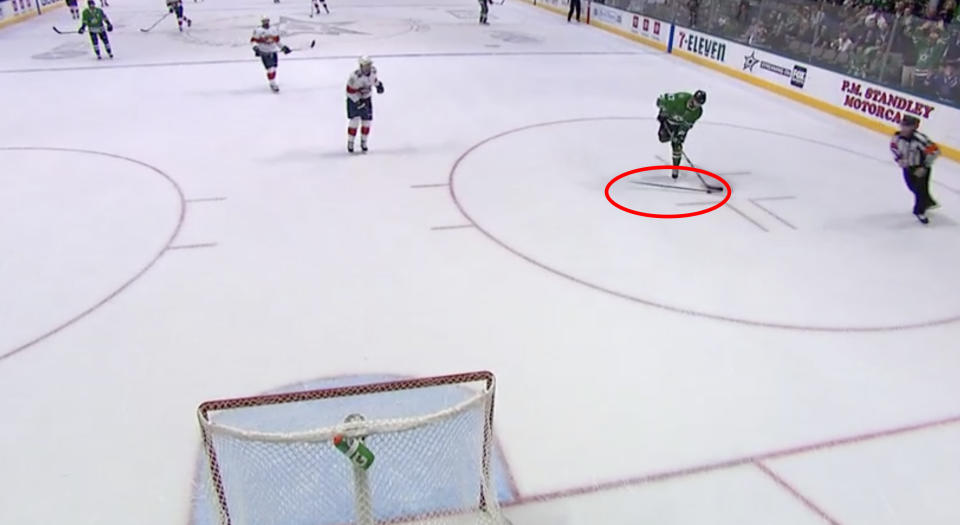 Florida’s Mike Hoffman tossed his stick at Dallas’ Alex Radulov while he shot at an empty net on Tuesday night. (Screenshot//NHL.com)