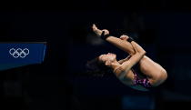 <p>Pandelela Pamg of Malaysia in action during the preliminary round of the women's 10 metre platform at the Tokyo Aquatics Centre on day ten of the 2020 Tokyo Summer Olympic Games in Tokyo, Japan. (Photo By Ramsey Cardy/Sportsfile via Getty Images)</p> 