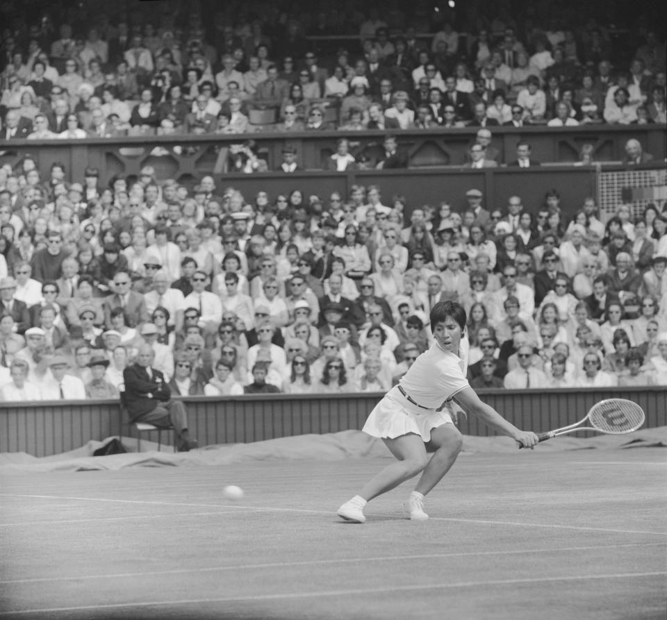 American tennis player Rosemary Casals in action during competition to reach the semifinals of the Women's singles tournament at the Wimbledon Lawn Tennis Championships at the All England Lawn Tennis Club in Wimbledon, London in July 1970.  / Credit: Evening Standard