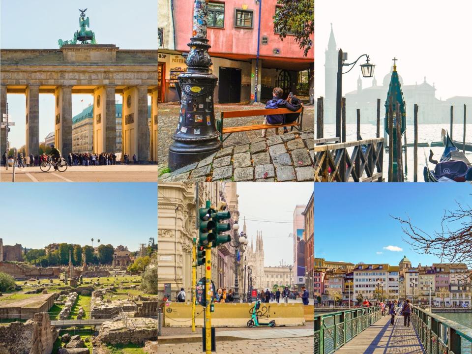 A grid of six photos in two rows of three show: Top Left: Berlin, top center: Vienna, top right: Venice. Bottom Left: Rome, bottom center: Milan, bottom right: Zürich.