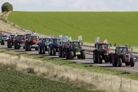 French farmers from Lorraine region drive their tractors on the A4 motorway near Reims in the Champagne-Ardenne region, eastern France, September 2, 2015.
