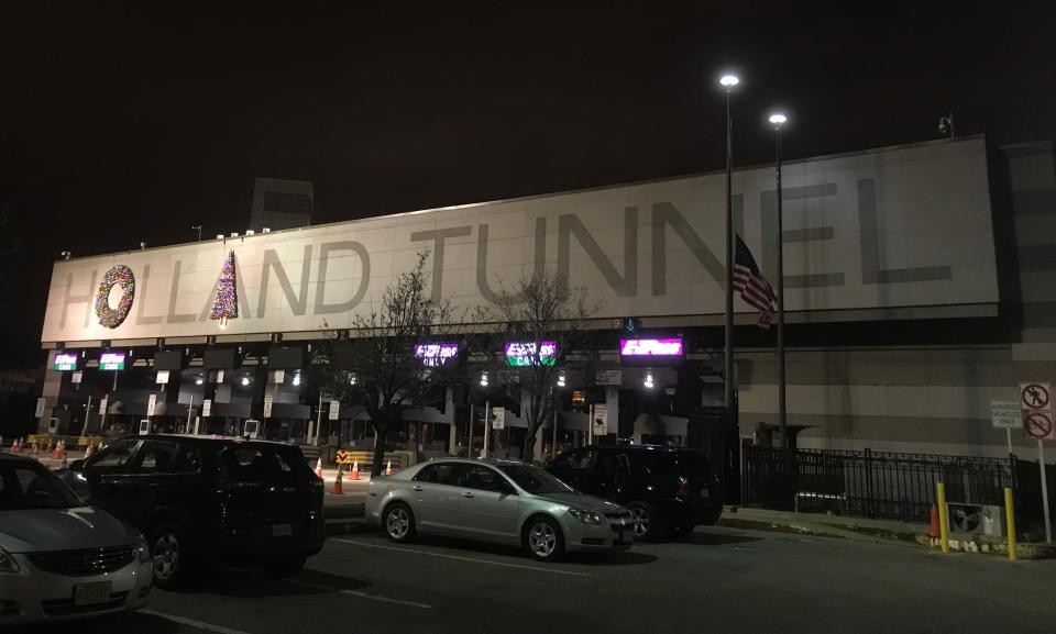 The newly decorated Holland Tunnel entrance into New York City as seen Dec. 17, 2018.