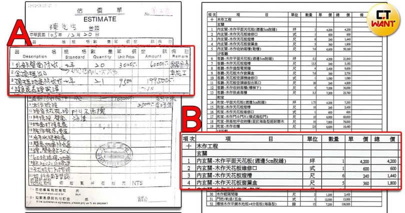 圖A為錯誤的估價單，建材規格、數量、單價皆寫不齊全，未來業者就會有很大的解釋空間；圖B則是正確的估價單，資訊盡可能越詳盡越好。（圖／住宅消保會提供）