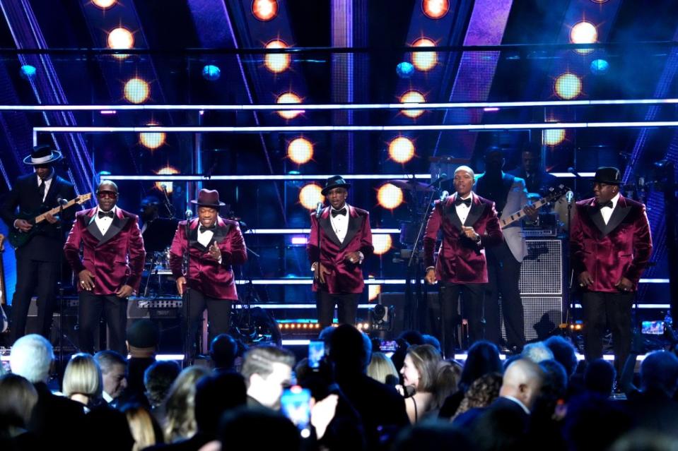 NEW YORK, NEW YORK - NOVEMBER 03: (L-R) Johnny Gill, Michael Bivens, Ralph Tresvant, Ronnie DeVoe and Bobby Brown of New Edition perform onstage at the 38th Annual Rock & Roll Hall Of Fame Induction Ceremony at Barclays Center on November 03, 2023 in New York City. (Photo by Jeff Kravitz/FilmMagic)