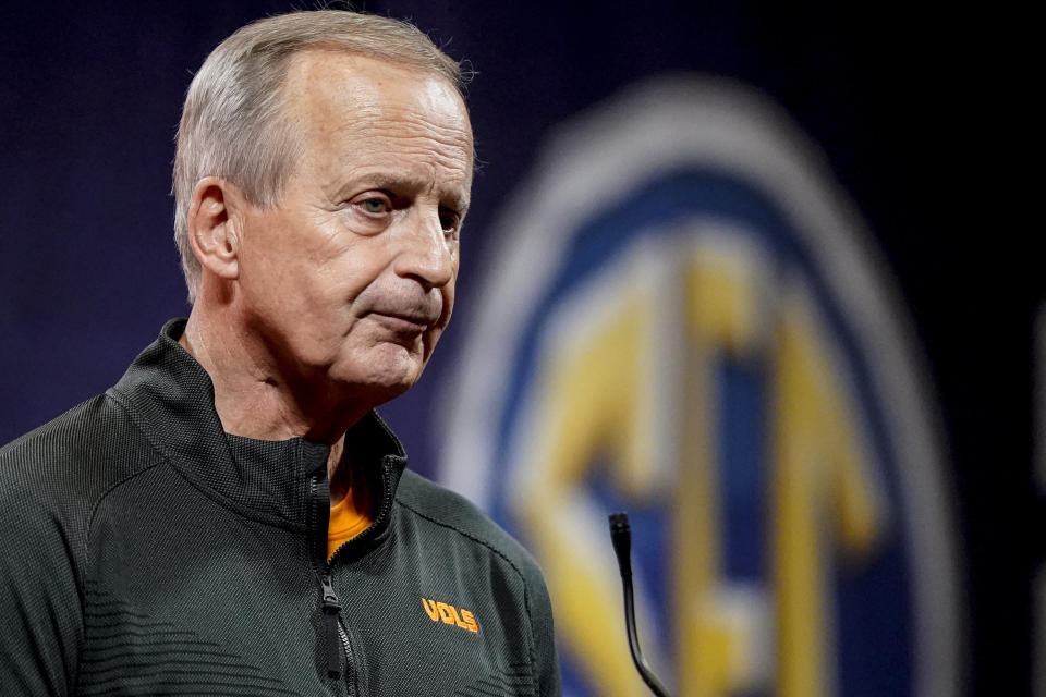 Tennessee NCAA college basketball head coach Rick Barnes speaks during Southeastern Conference Media Days, Wednesday, Oct. 18, 2023, in Birmingham, Ala. (AP Photo/Mike Stewart)