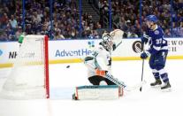 Jan 19, 2019; Tampa, FL, USA; Tampa Bay Lightning center Steven Stamkos (91) (not pictured) scores a goal against San Jose Sharks goaltender Martin Jones (31) during the third period at Amalie Arena. Mandatory Credit: Kim Klement-USA TODAY Sports