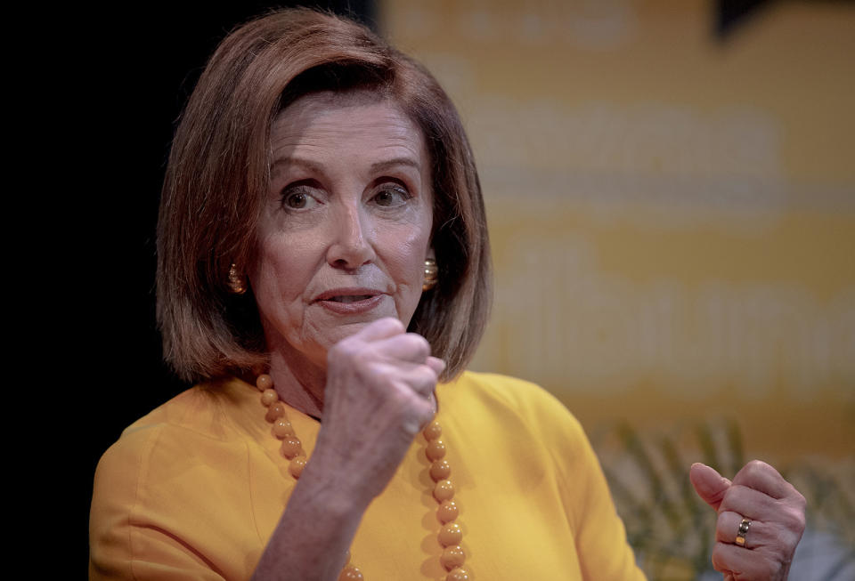 Speaker of the House Nancy Pelosi, D-Calif., speaks during an interview at The Texas Tribune Festival on Saturday, Sept. 28, 2019, in Austin, Texas. (Nick Wagner/Austin American-Statesman via AP)