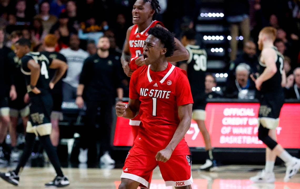 N.C. State’s Jarkel Joiner (1) and Terquavion Smith (0) celebrate after N.C. State’s 79-77 victory over Wake Forest at Joel Coliseum in Winston-Salem, N.C., Saturday, Jan. 28, 2023. Ethan Hyman/ehyman@newsobserver.com