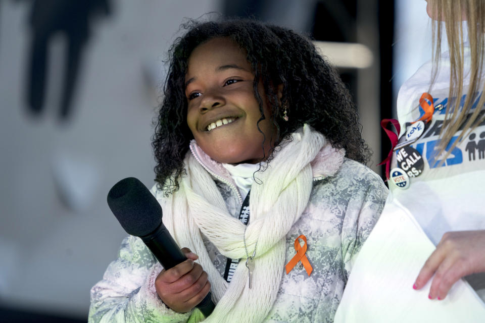 <p>Yolanda Renee King, grand daughter of Martin Luther King Jr., speaks during the ‘March for Our Lives’ rally in support of gun control in Washington, Saturday, March 24, 2018. (AP Photo/Andrew Harnik) </p>