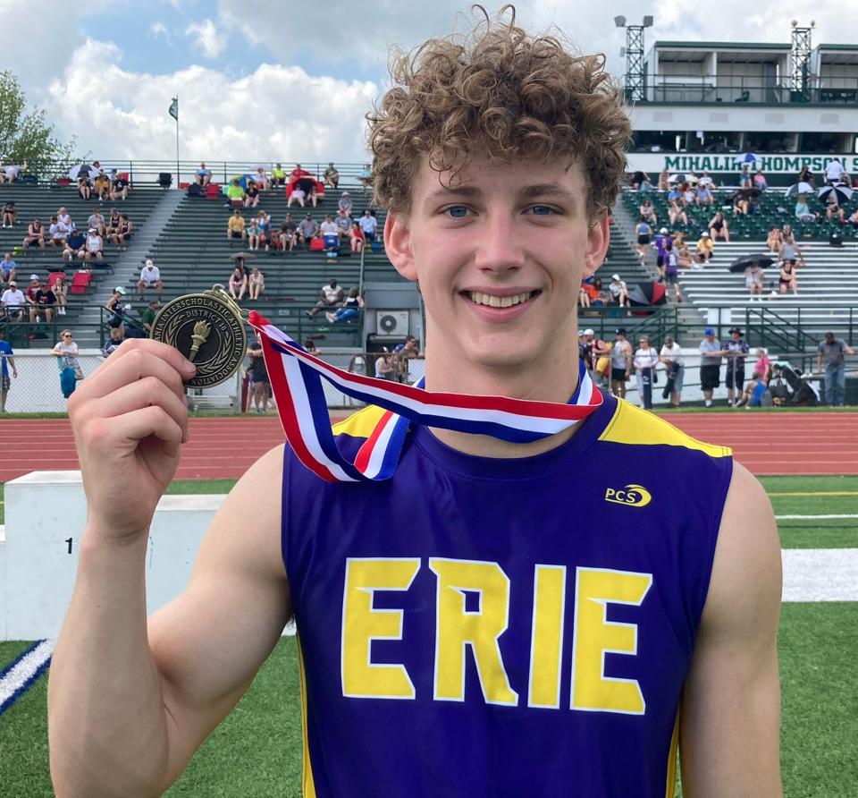 Erie High's Bradon Schneider won the Class 3A pole vault in the District 10 track and field championships at Slippery Rock University on Saturday, May 21, 2022.