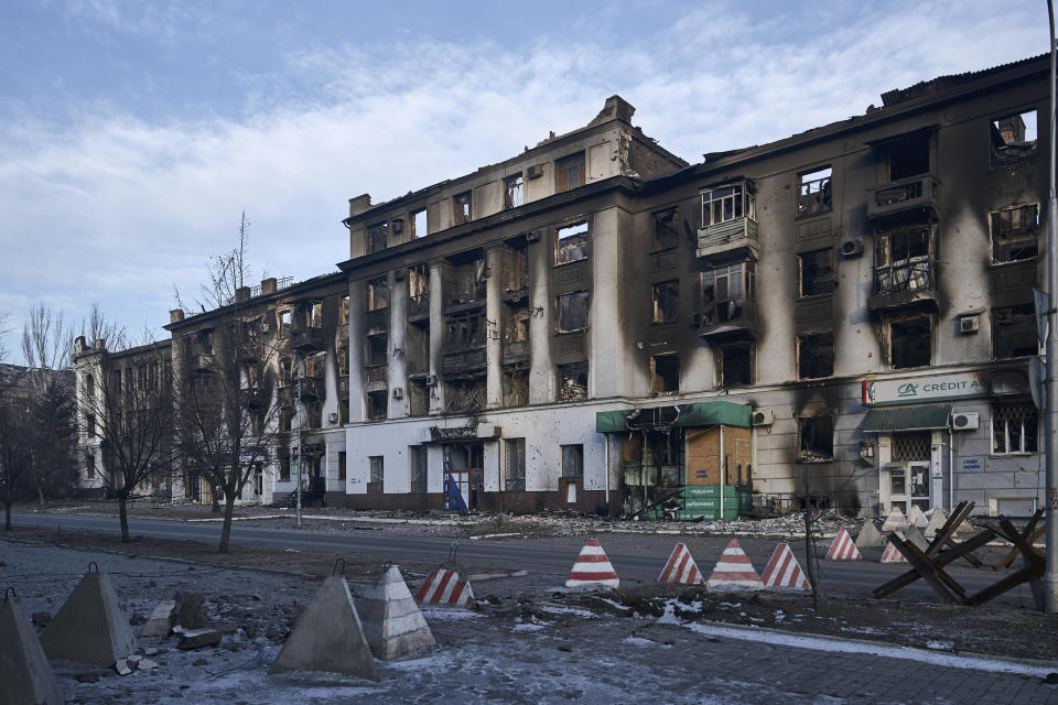 A city center damaged by Russian shelling in Bakhmut, Donetsk region, Ukraine, Friday, Feb. 10, 2023. (AP Photo/Libkos)