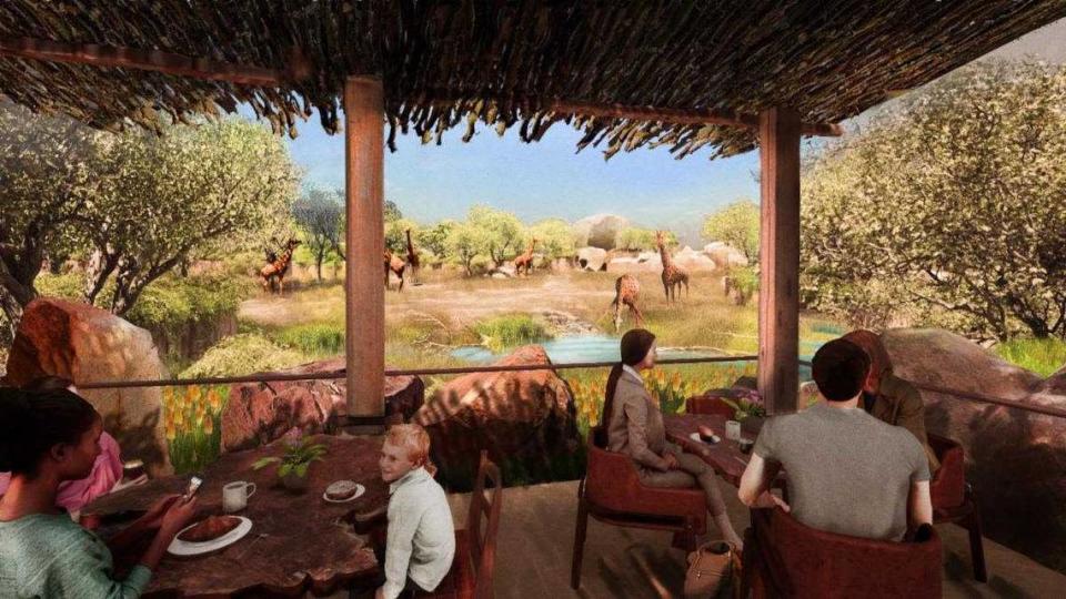 One of several new renderings provided by Sacramento Zoo and city of Elk Grove officials show an outdoor dining space that would look over the giraffe habitat at an expanded facility near Kammerer Road and Lotz Parkway. The Elk Grove City Council is expected to vote on final approval to begin construction during Wednesday’s meeting.