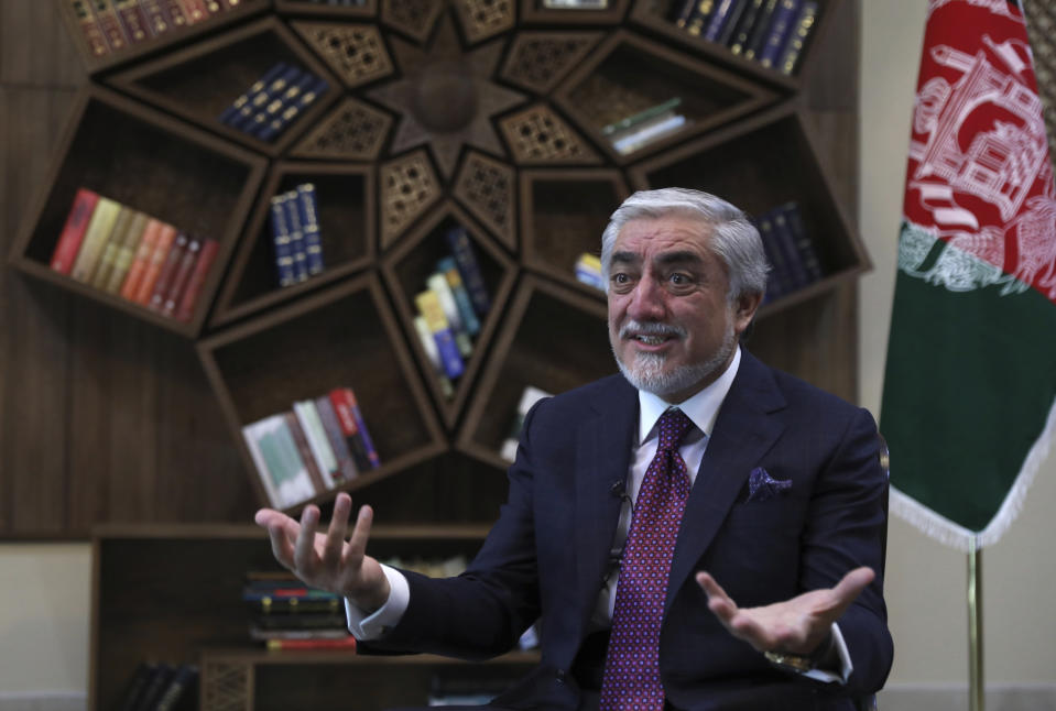 Abdullah Abdullah, Chairman of the High Council for National Reconciliation gives an interview to The Associated Press at the Sapidar Palace in Kabul, Afghanistan, Saturday, May 1, 2021. Afghanistan's chief peace negotiator says the often fractured Afghan political leadership must unify or risk the withdrawal of U.S. and NATO troops that has officially begun bringing more bitter fighting. (AP Photo/Rahmat Gul)