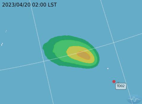 氣象局公布，熱帶性低氣壓TD02的最新路徑潛勢預報圖與暴風圈侵襲機率。（圖／翻攝自中央氣象局）