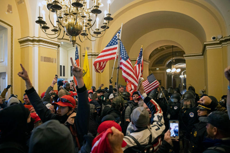 Supporters of President Donald Trump protest inside the U.S. Capitol on January 6, 2021, in Washington, DC.  Demonstrators breeched security and entered the Capitol as Congress debated the 2020 presidential election Electoral Vote Certification. / Credit: Getty Images