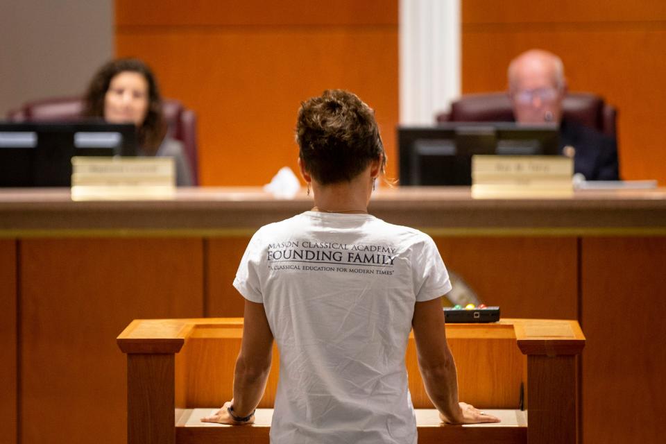 Mason Classical Academy parent Evelyne Fernandez speaks to School Board members during a special School Board meeting at the Collier County School District office in Naples on Thursday, July 11, 2019.