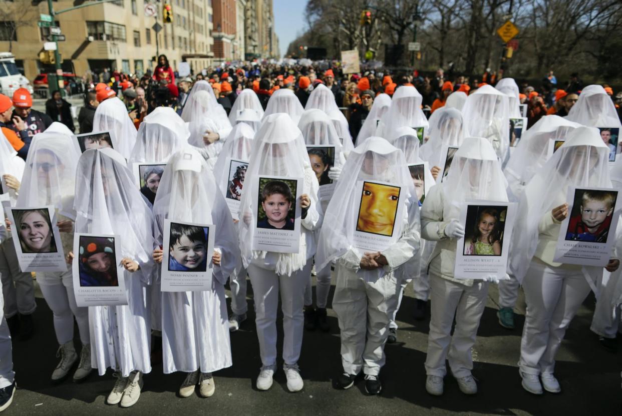 The legacy of the Sandy Hook shootings in 2012 continues to reverberate 10 years later, including in how conspiracy theories have changed since the tragedy. <a href="https://www.gettyimages.com/detail/news-photo/people-display-portraits-of-sandy-hook-elementary-school-news-photo/937425680" rel="nofollow noopener" target="_blank" data-ylk="slk:Eduardo Munoz Alvarez/AFP via Getty Image;elm:context_link;itc:0;sec:content-canvas" class="link ">Eduardo Munoz Alvarez/AFP via Getty Image</a>