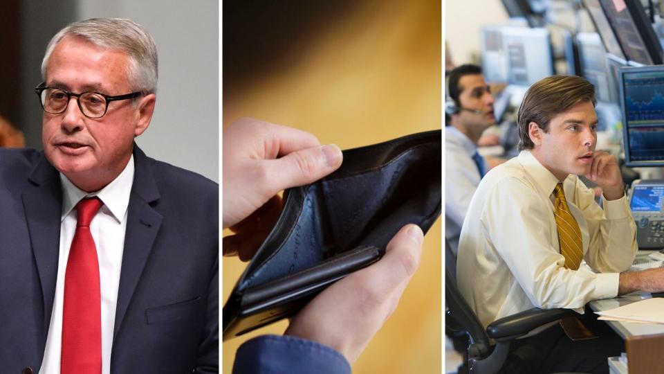 Former federal treasurer Wayne Swan on the left, an empty wallet in the centre and stockbrokers looking nervous on the right.